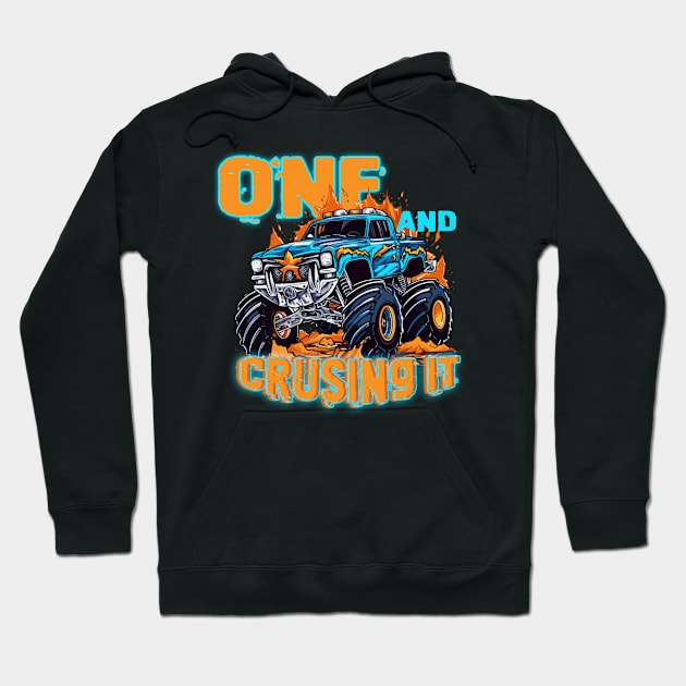 One Birthday Boy's Monster Truck Racing B-day Gift For Kids Tollder Hoodie by FortuneFrenzy